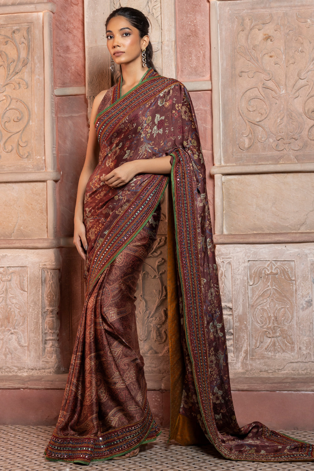 Cherry Cola Satin Paisley & Chintz Printed Saree with Mirror-Work Collared Blouse