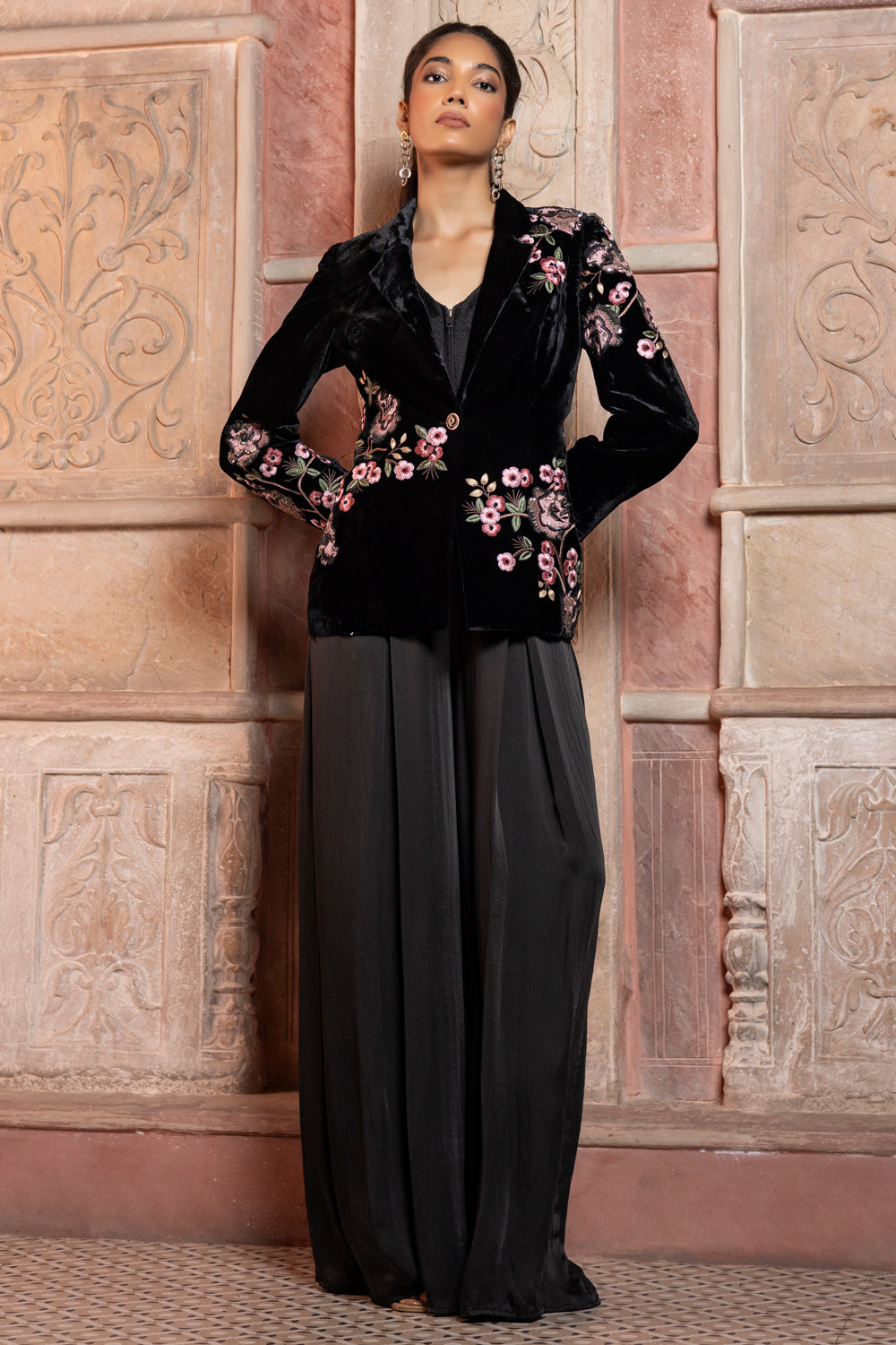 Black Velvet Appliqué Embroidered Blazer