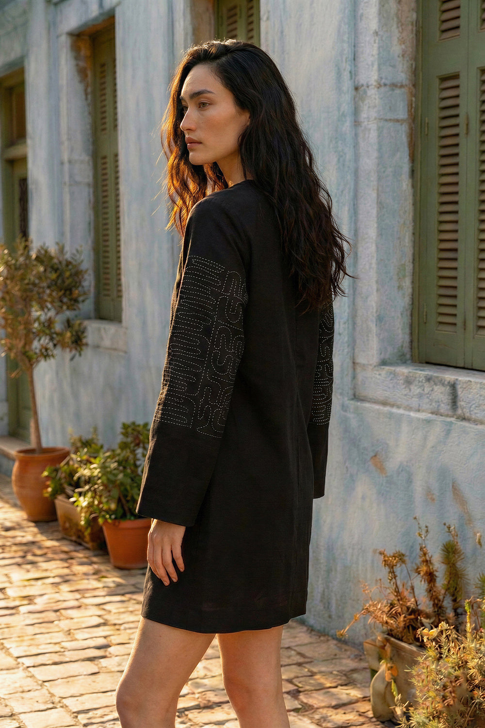 Black Silk Couching Blazer Dress