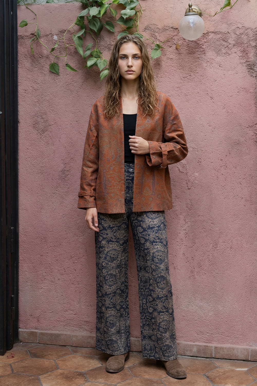 Rust Suede Paisley Printed Jacket.