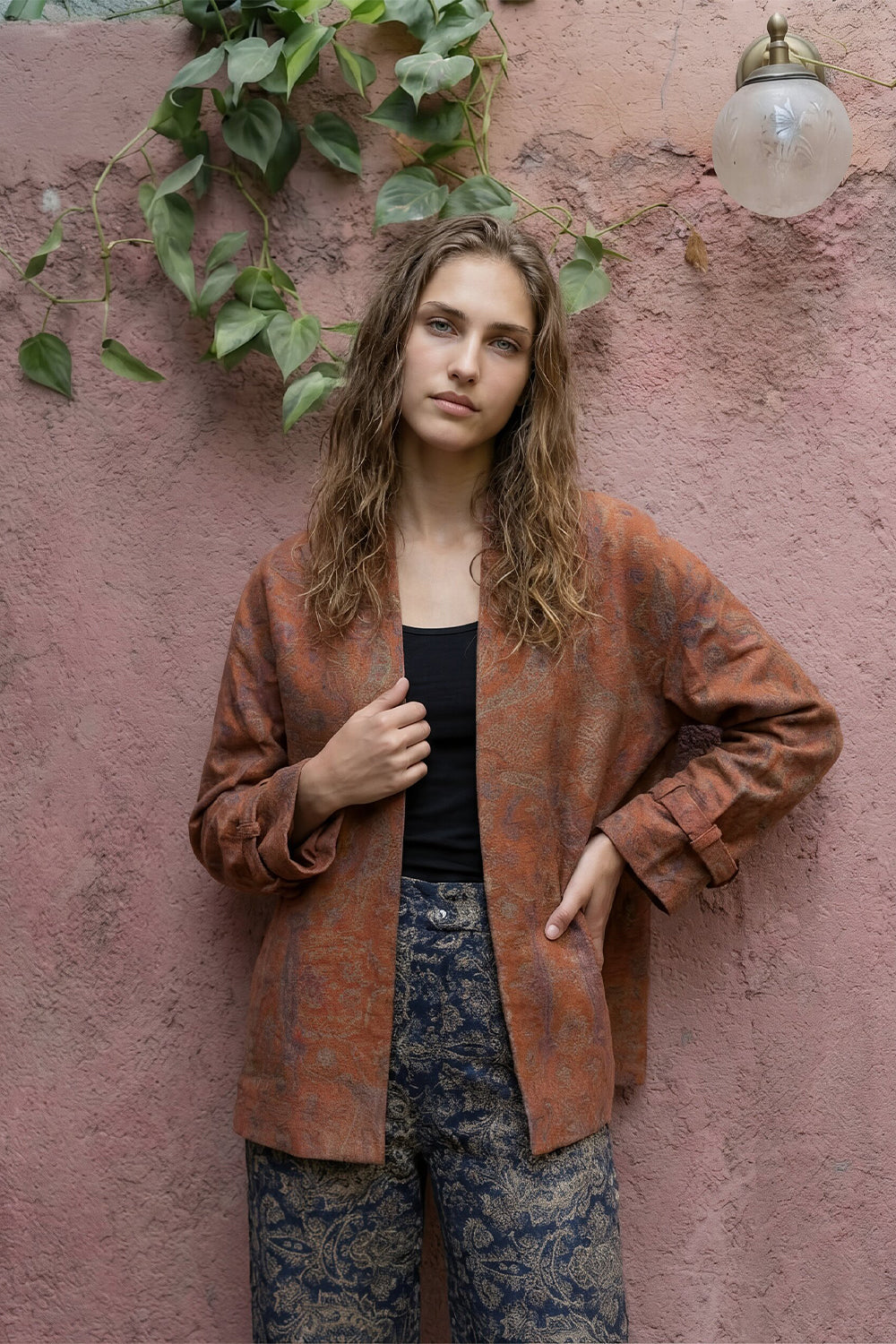 Rust Suede Paisley Printed Jacket.