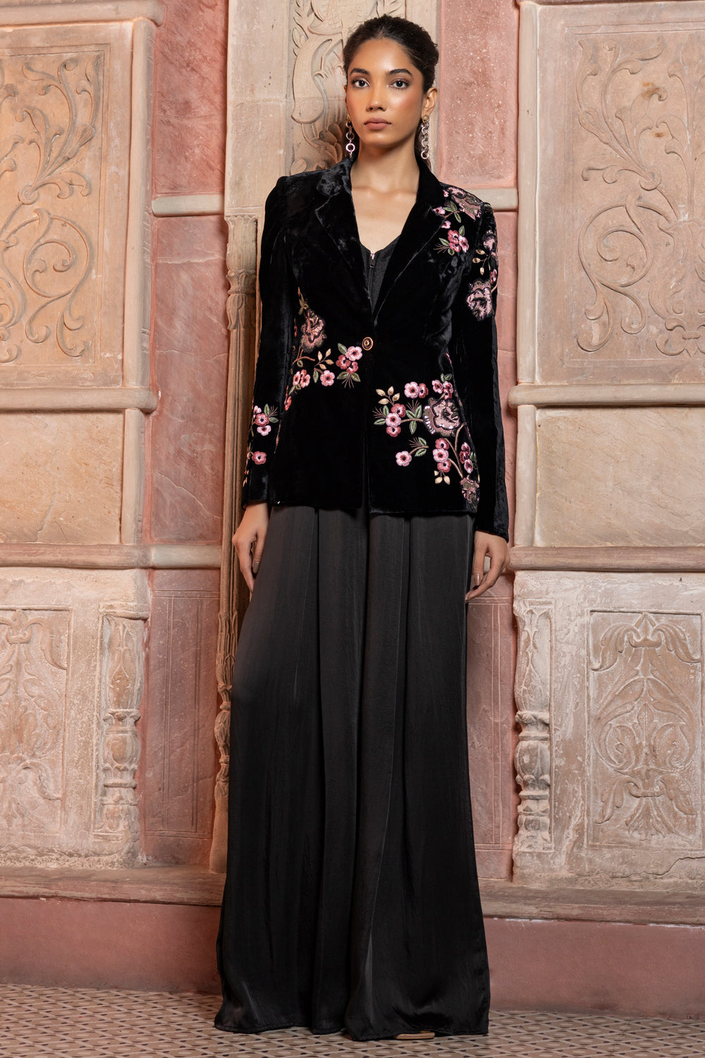 Black Velvet Appliqué Embroidered Blazer