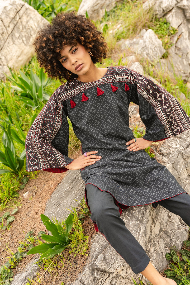 Charcoal block and patola printed linen tunic with anchor with Charcoal line pants | Rescue