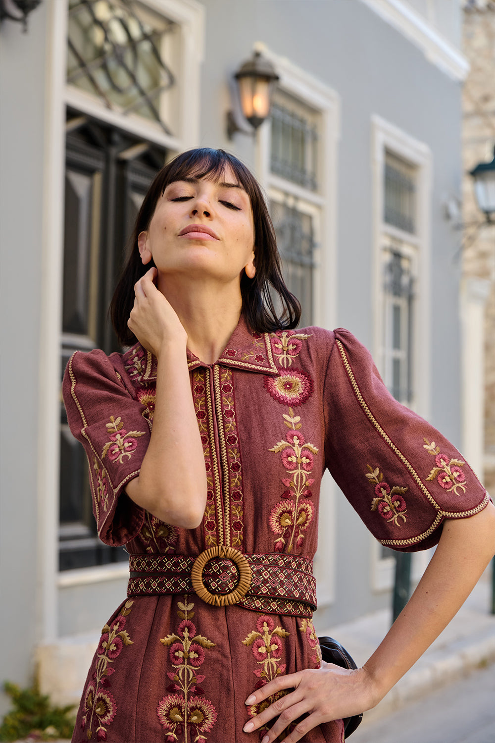 Mauve Textured Embroidered Dress
