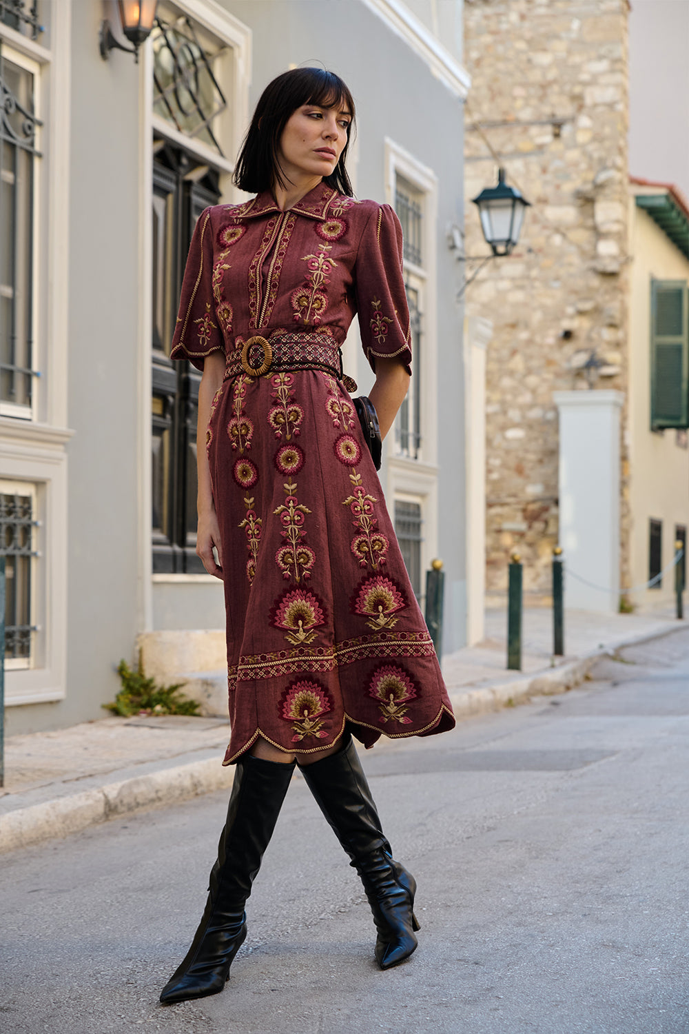 Mauve Textured Embroidered Dress