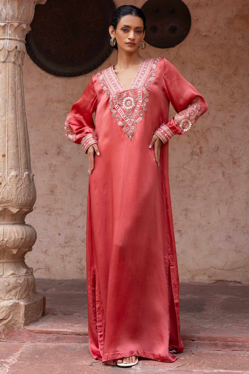 Watermelon Red Paisley Embroidered Kaftan