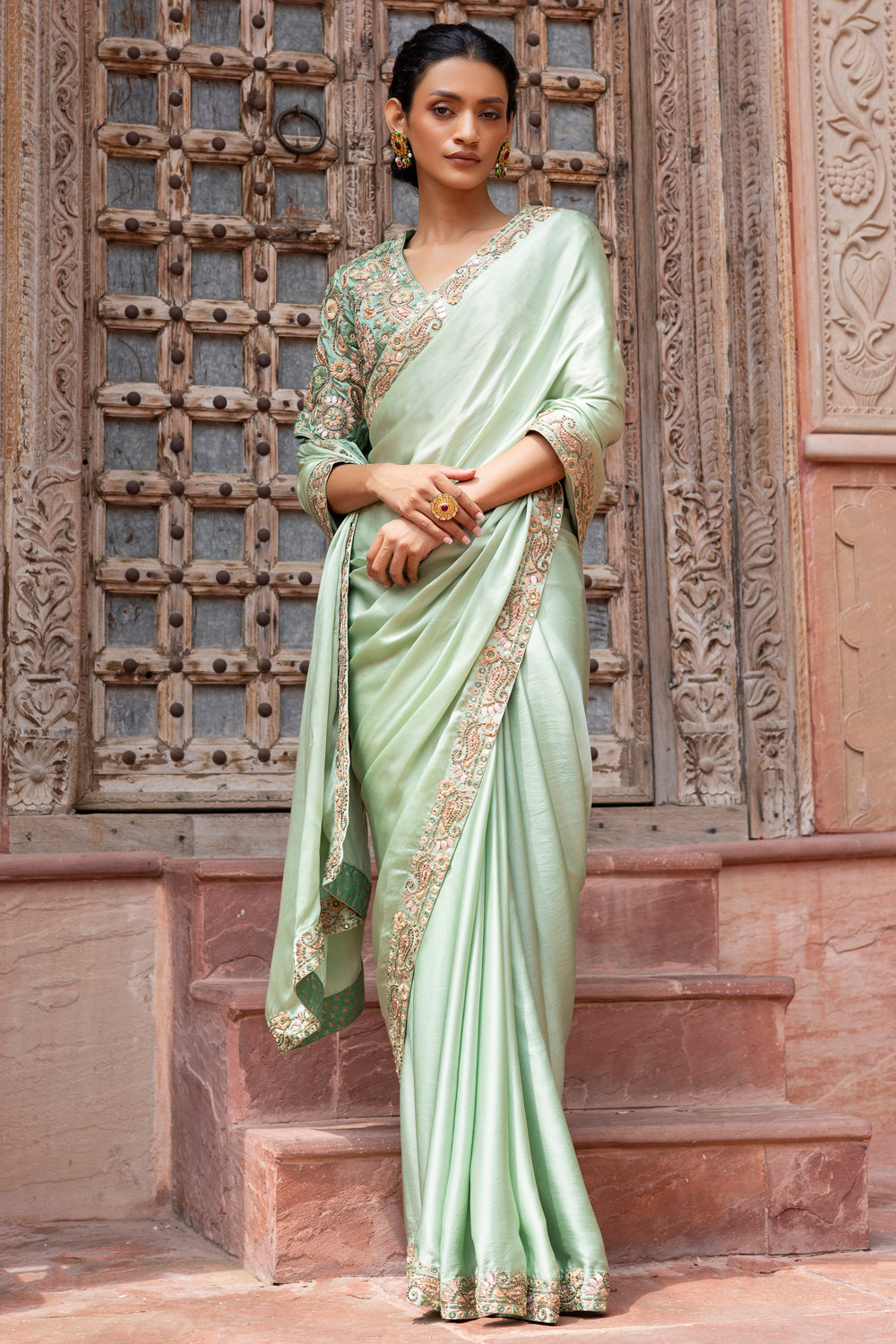 Mint Green Saree with Embroidered Blouse