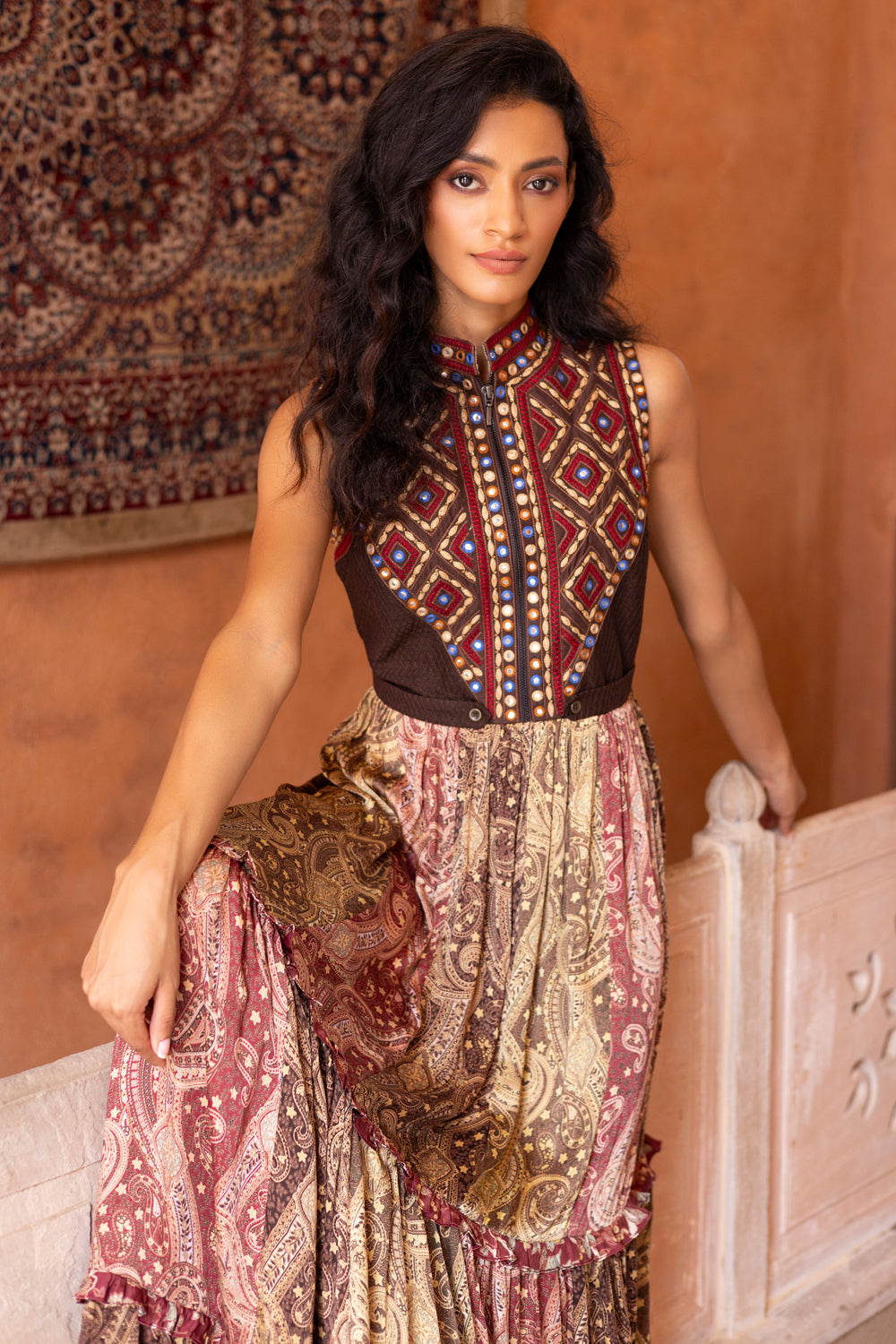 Mirror Embroidered Color-Blocked Printed Tiered Maxi