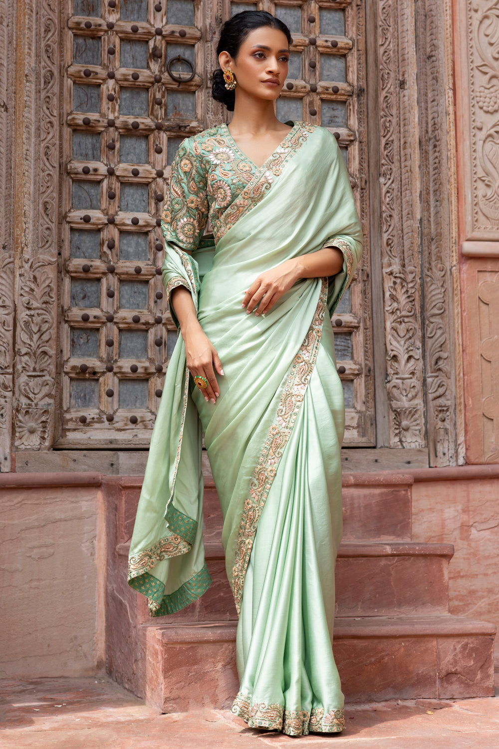 Mint Green Saree with Embroidered Blouse