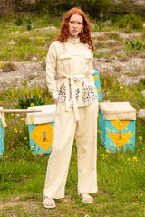 Bone linen embroidered shacket pantsuit with belt | Rescue
