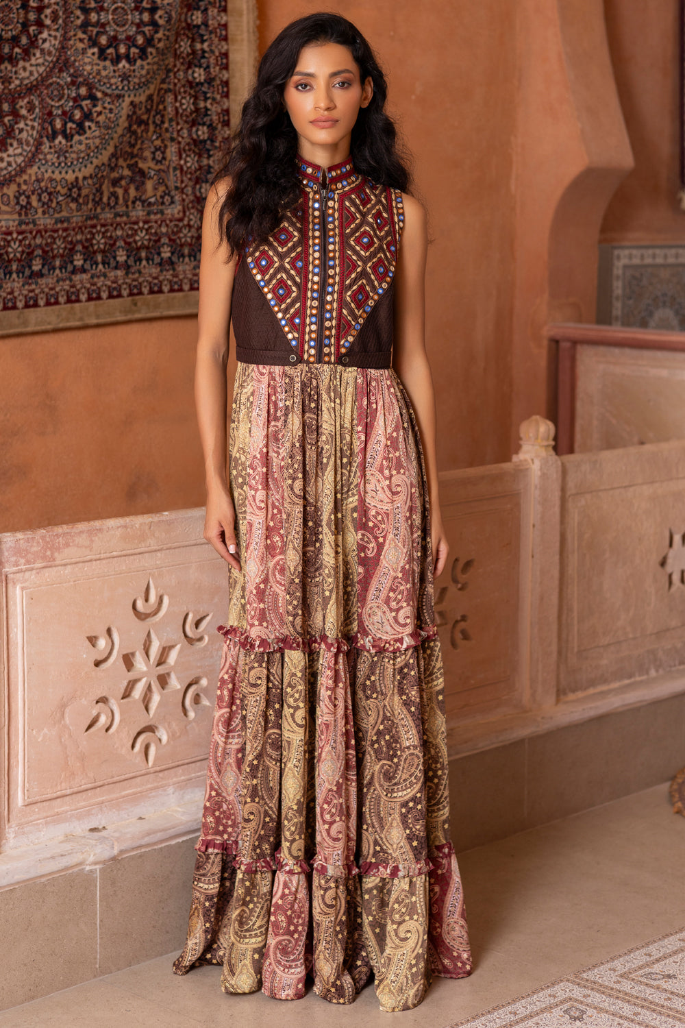 Mirror Embroidered Color-Blocked Printed Tiered Maxi