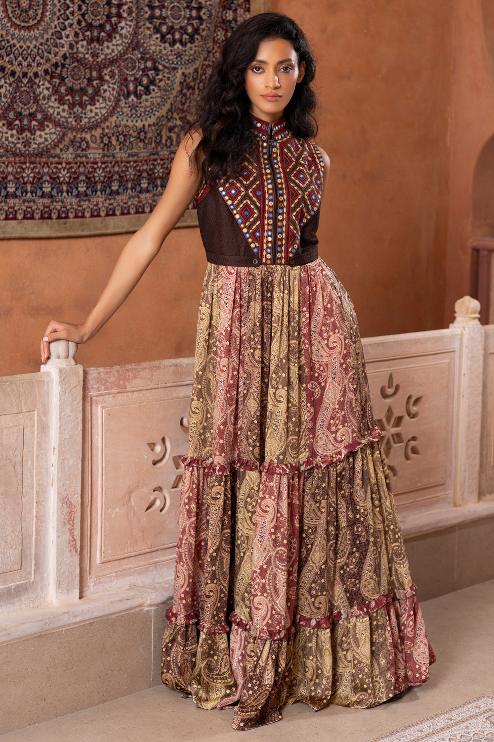 Mirror Embroidered Color-Blocked Printed Tiered Maxi
