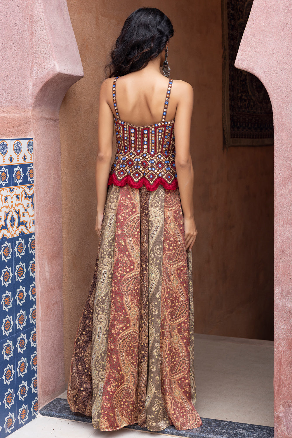 Mirror Embroidered Color-Blocked Kalidar Boho Maxi