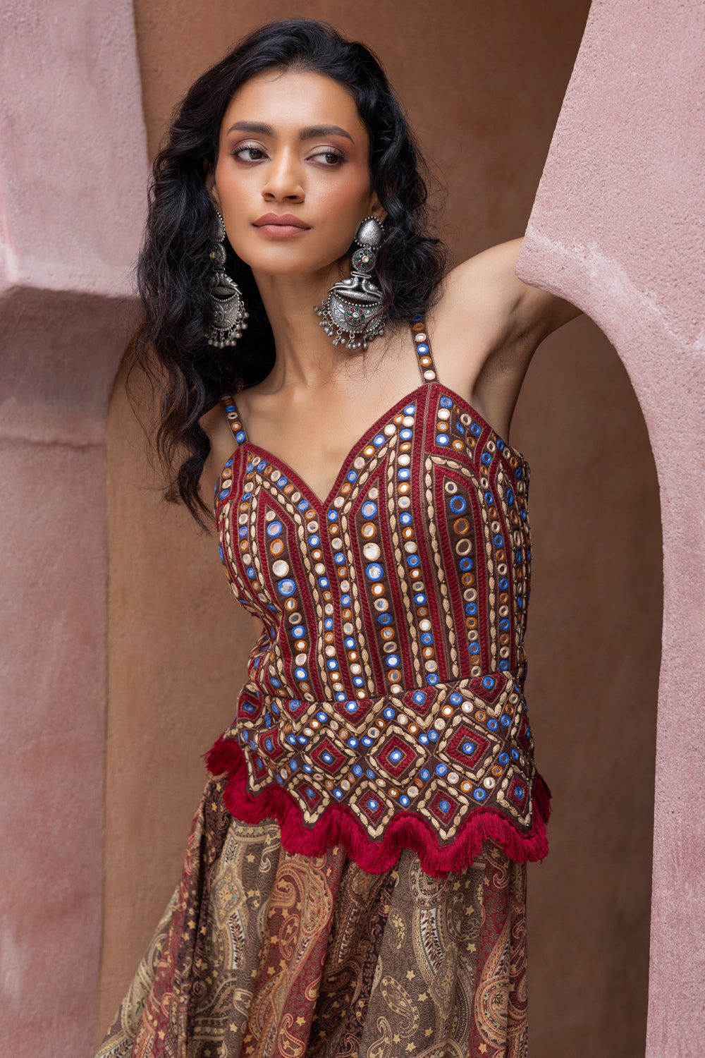 Mirror Embroidered Color-Blocked Kalidar Boho Maxi