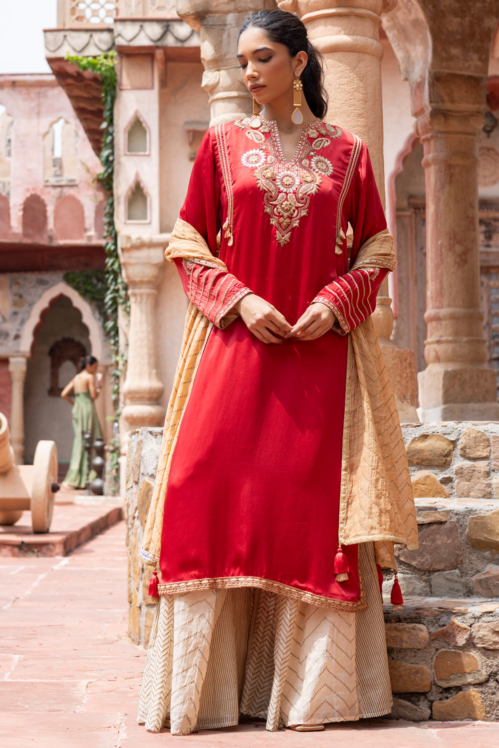 Red Kurta with Ivory Kali Pants & Dupatta