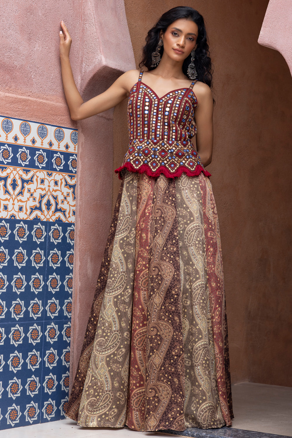 Mirror Embroidered Color-Blocked Kalidar Boho Maxi