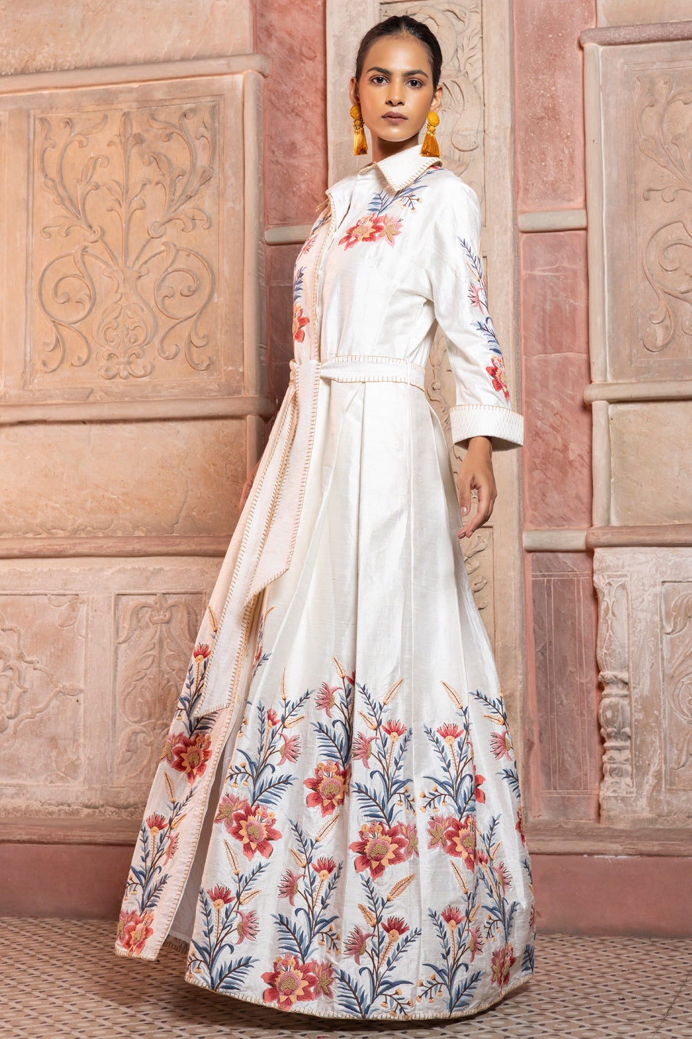 White Chintz Embroidered Maxi with Belt