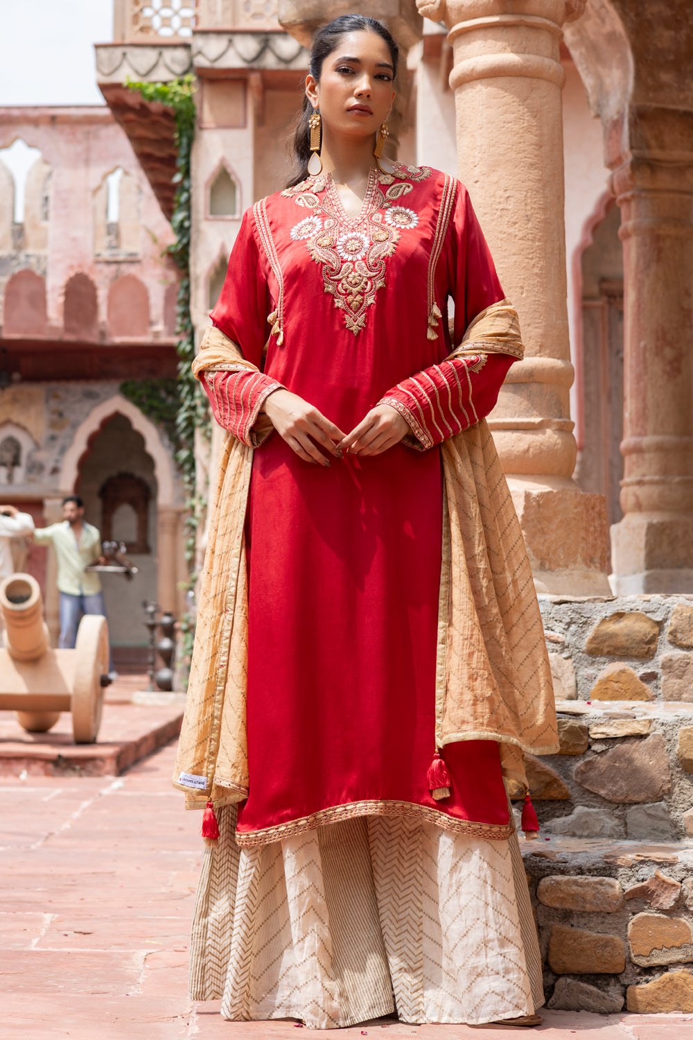 Red Kurta with Ivory Kali Pants & Dupatta