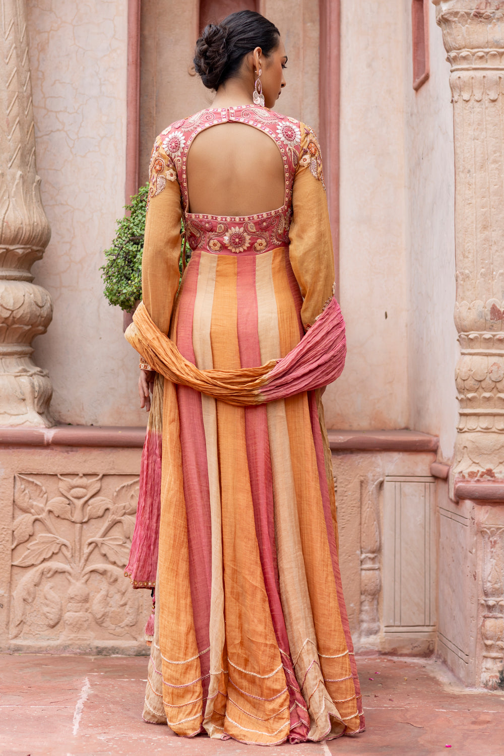 Multicolored Embroidered Anarkali with Ombre Dupatta