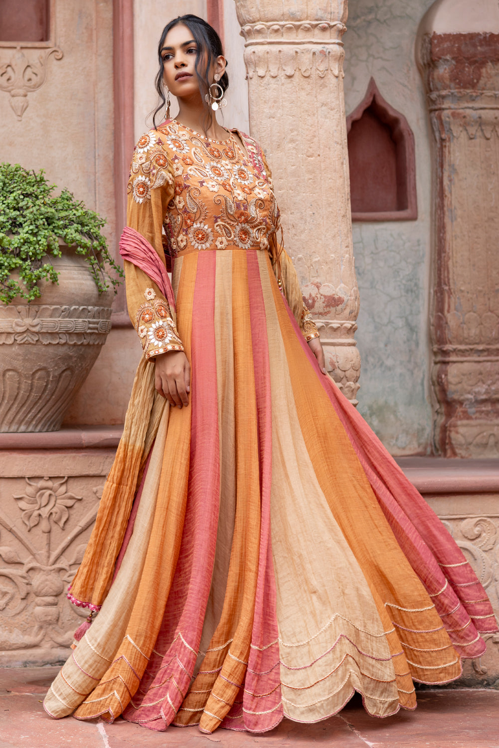Multicolored Embroidered Anarkali with Ombre Dupatta