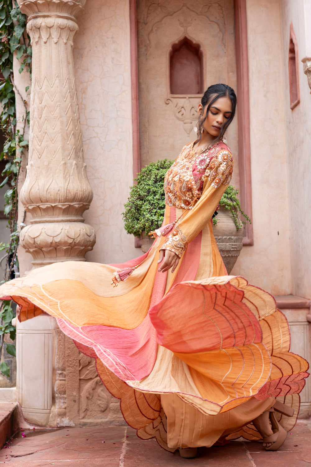 Multicolored Embroidered Anarkali with Ombre Dupatta
