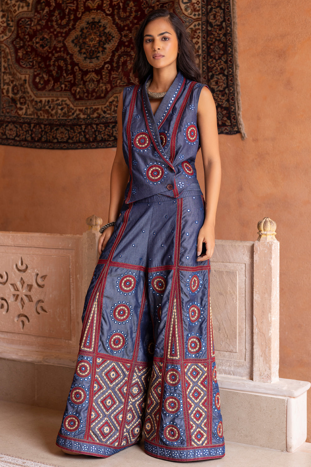 Denim Mirror Embroidered Waistcoat with Embroidered Kali Pants
