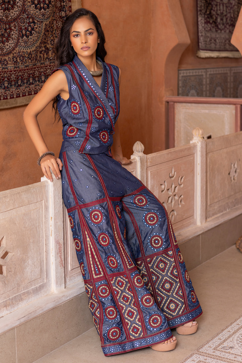 Denim Mirror Embroidered Waistcoat with Embroidered Kali Pants