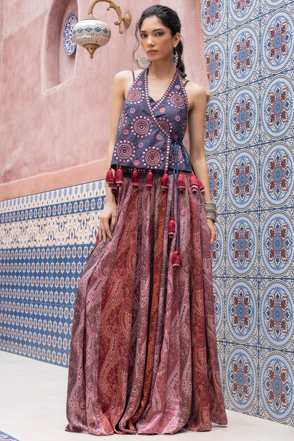 Denim Mirror Embroidered Wrap Top with Color-Block Panel Pants
