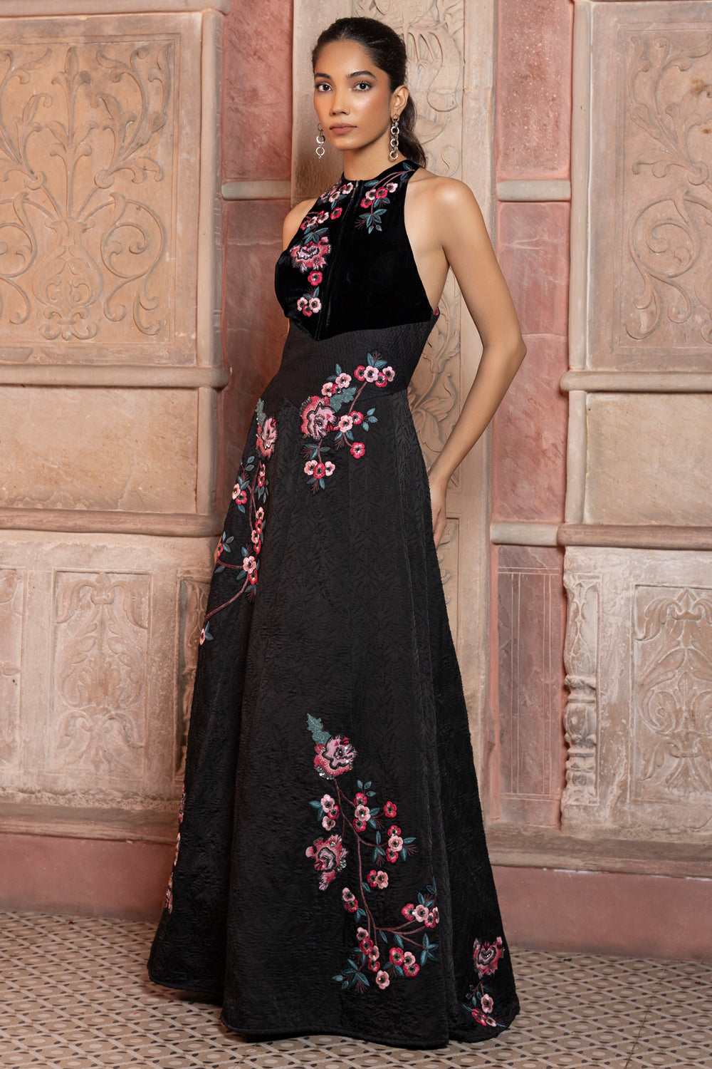 Black Satin Textured Maxi with Velvet Bodice Embroidery