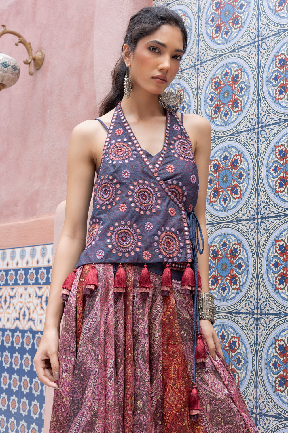 Denim Mirror Embroidered Wrap Top with Color-Block Panel Pants
