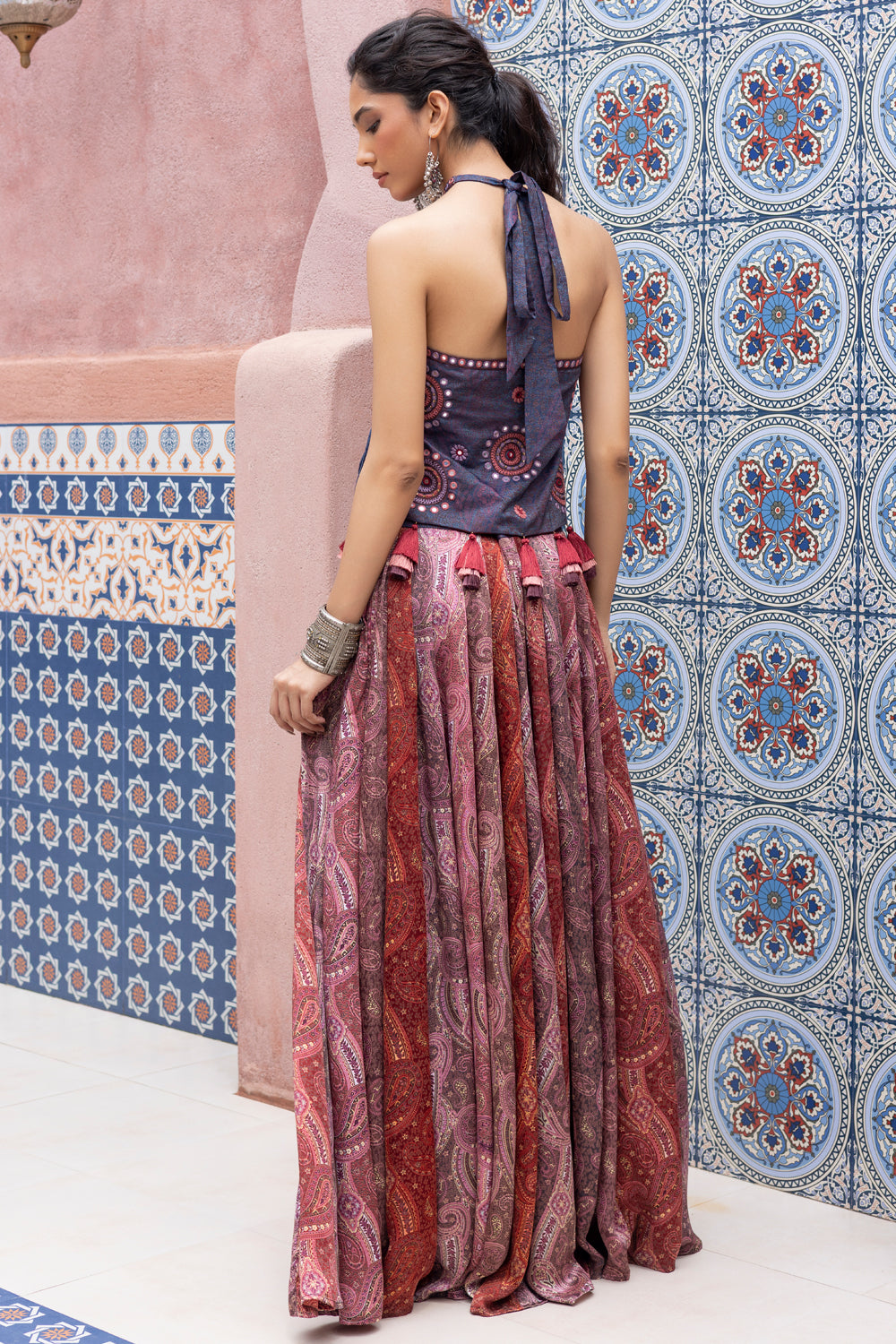 Denim Mirror Embroidered Wrap Top with Color-Block Panel Pants