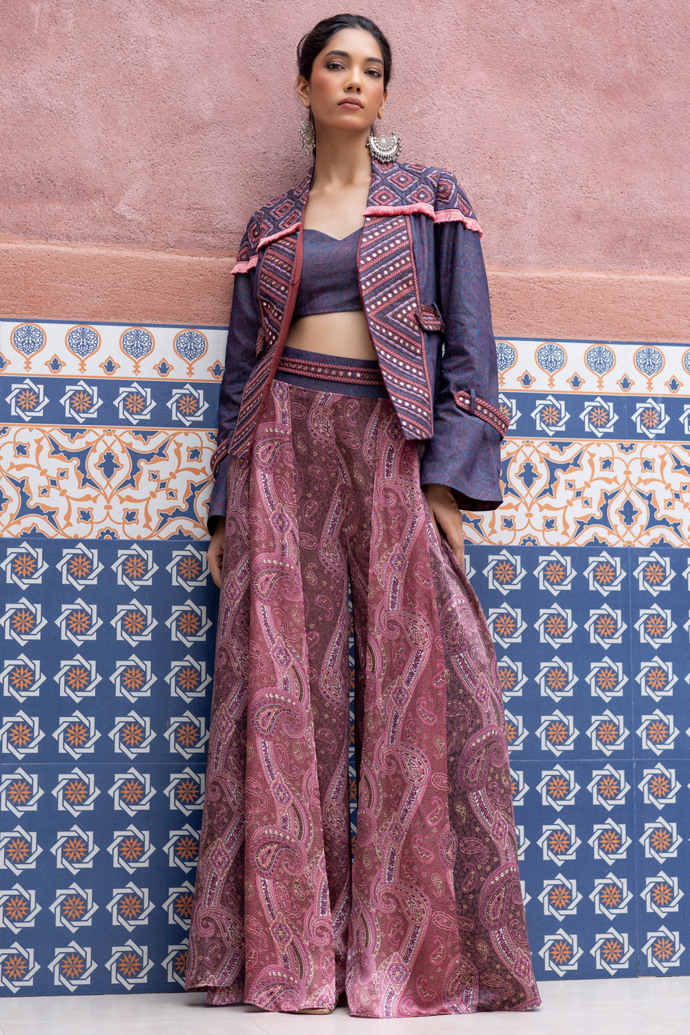 Denim Mirror Embroidered Jacket with Satin Paisley Printed Overlap Pants