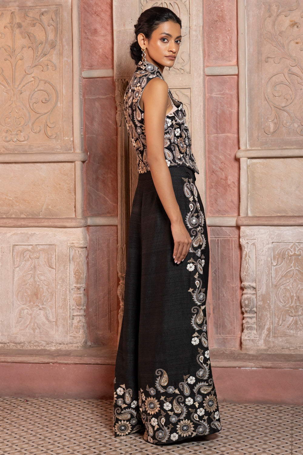 Black Embroidered Waistcoat with Matching Pants