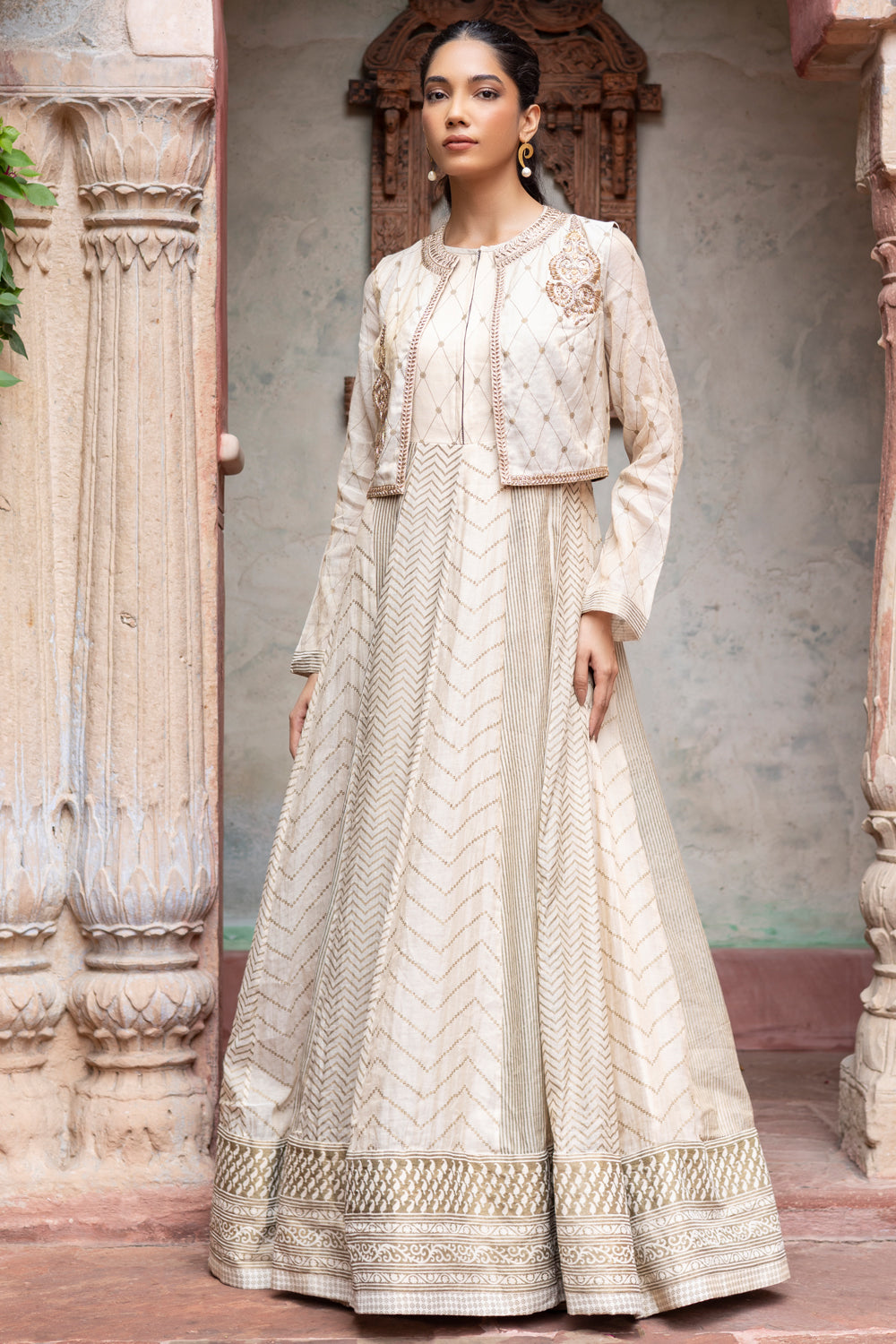 Ivory Anarkali with Embroidered Crop Jacket