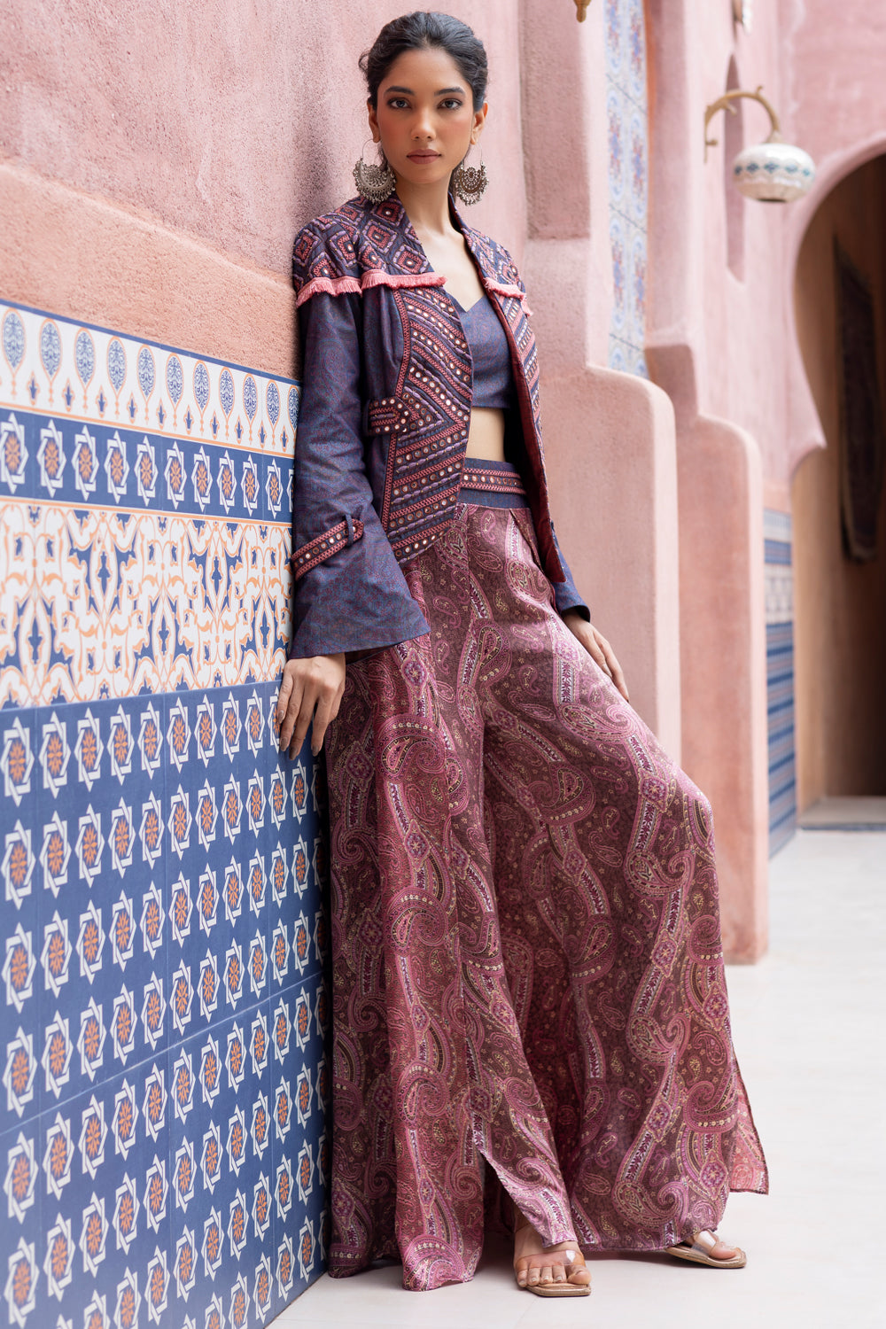 Denim Mirror Embroidered Jacket with Satin Paisley Printed Overlap Pants