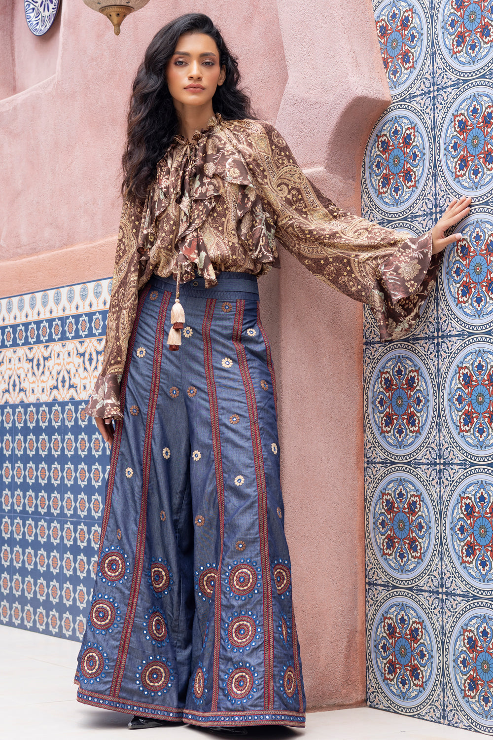Paisley Printed Ruffle Shirt with Mirror Embroidered Denim Pants