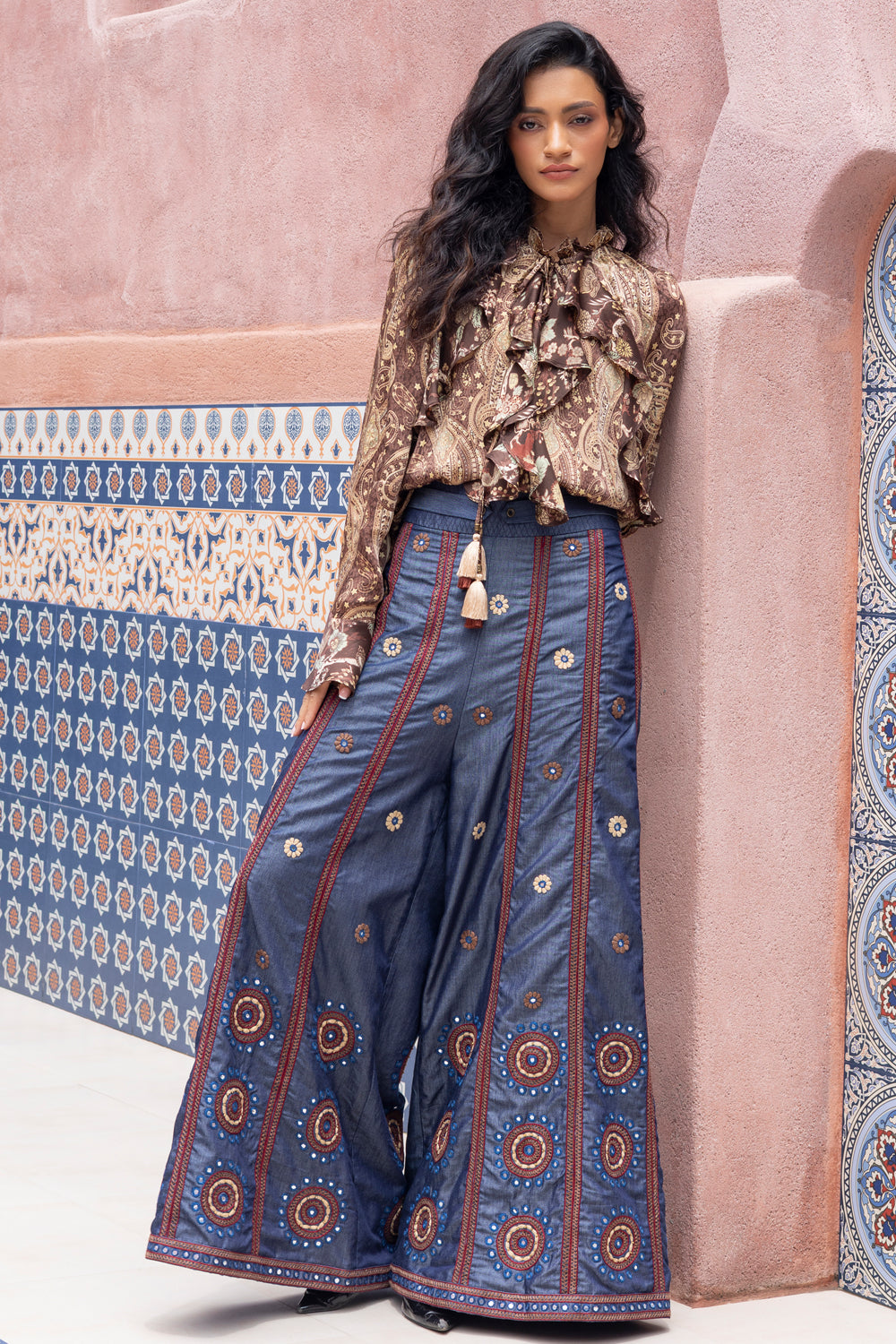 Paisley Printed Ruffle Shirt with Mirror Embroidered Denim Pants