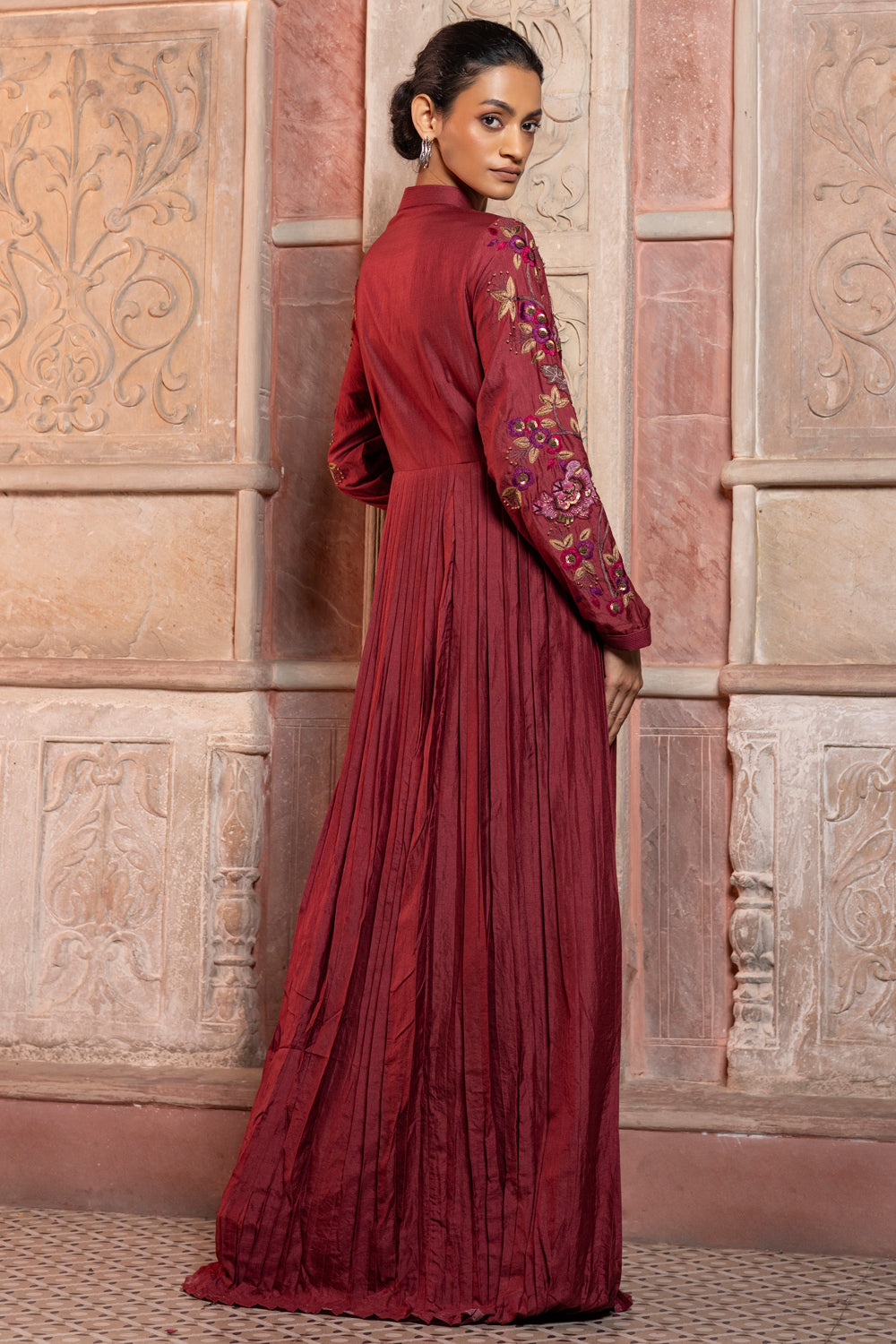 Maroon Silk Pleated Maxi with Floral Appliqué Embroidery