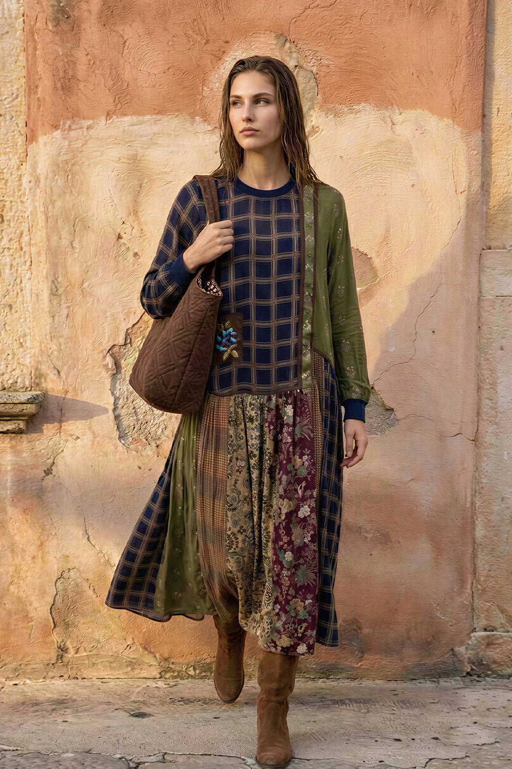 Multi Colour-Block Printed Midi Dress