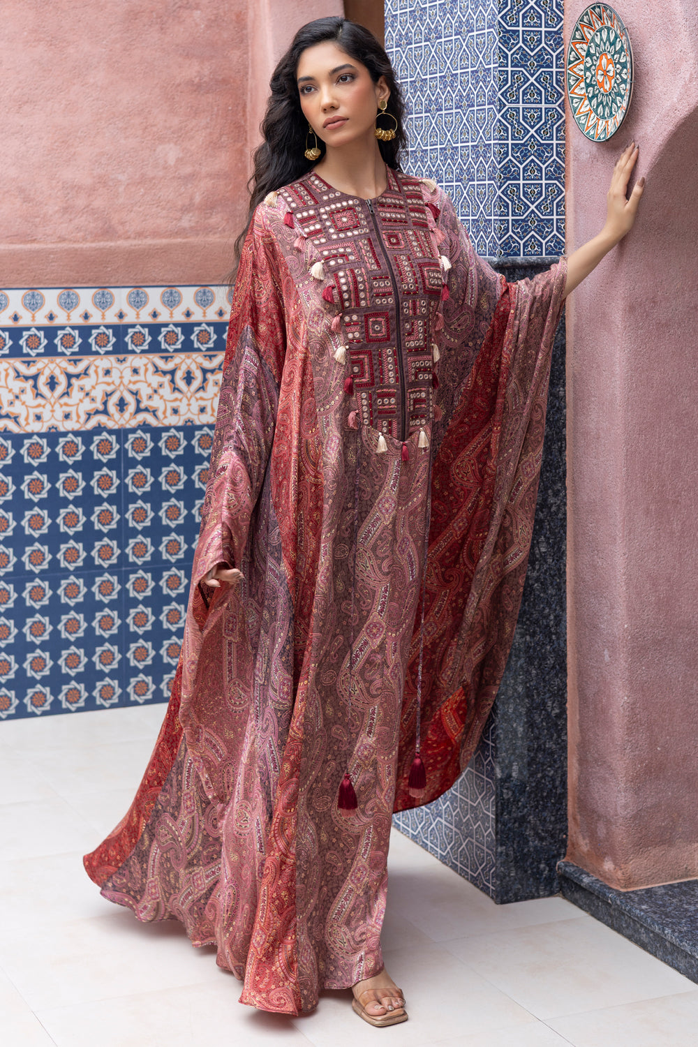 Color-Blocked Paisley Printed Kaftan with Mirror Embroidered Yoke