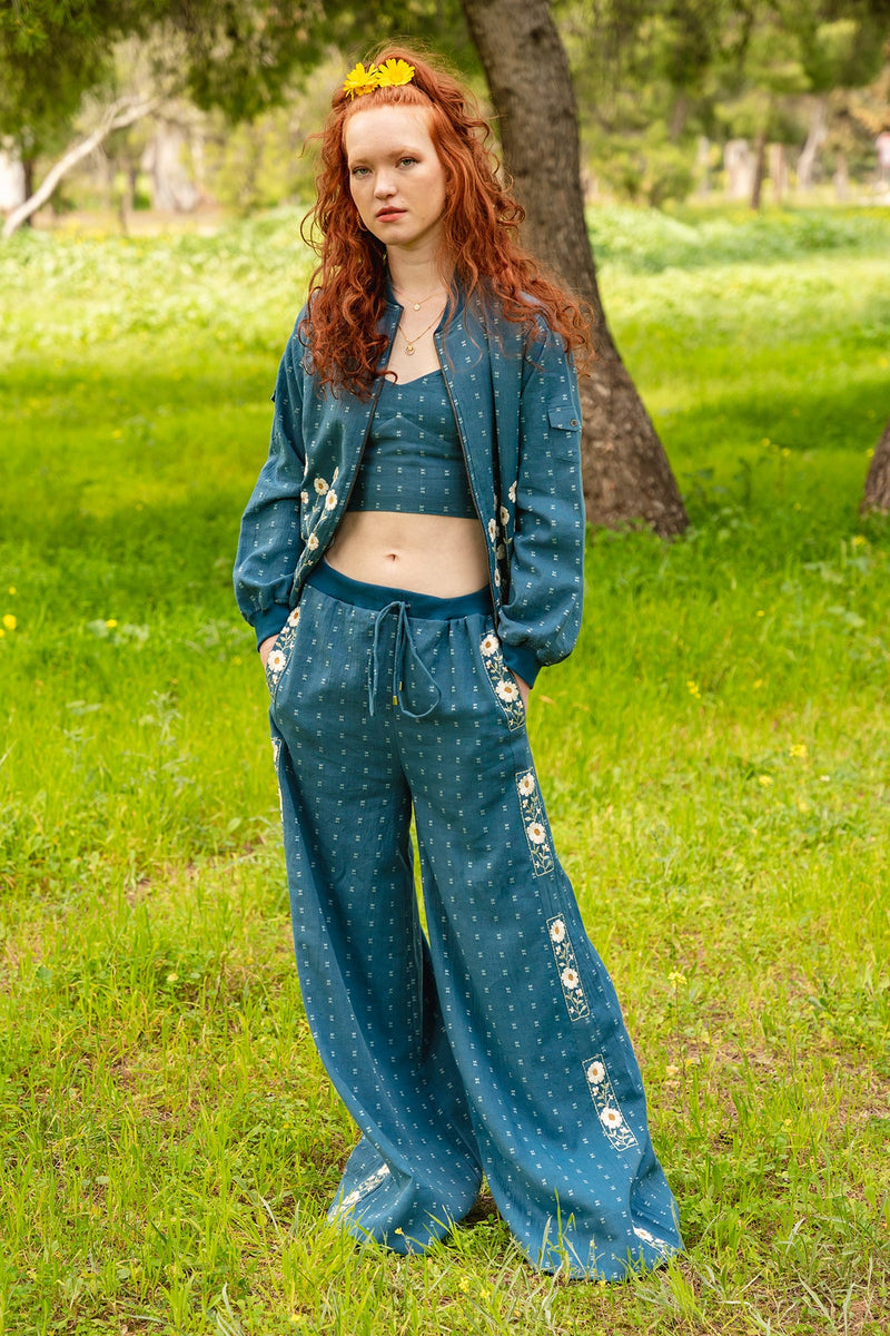 Blue cotton dobby floral embroidered bomber top and jogger | Rescue