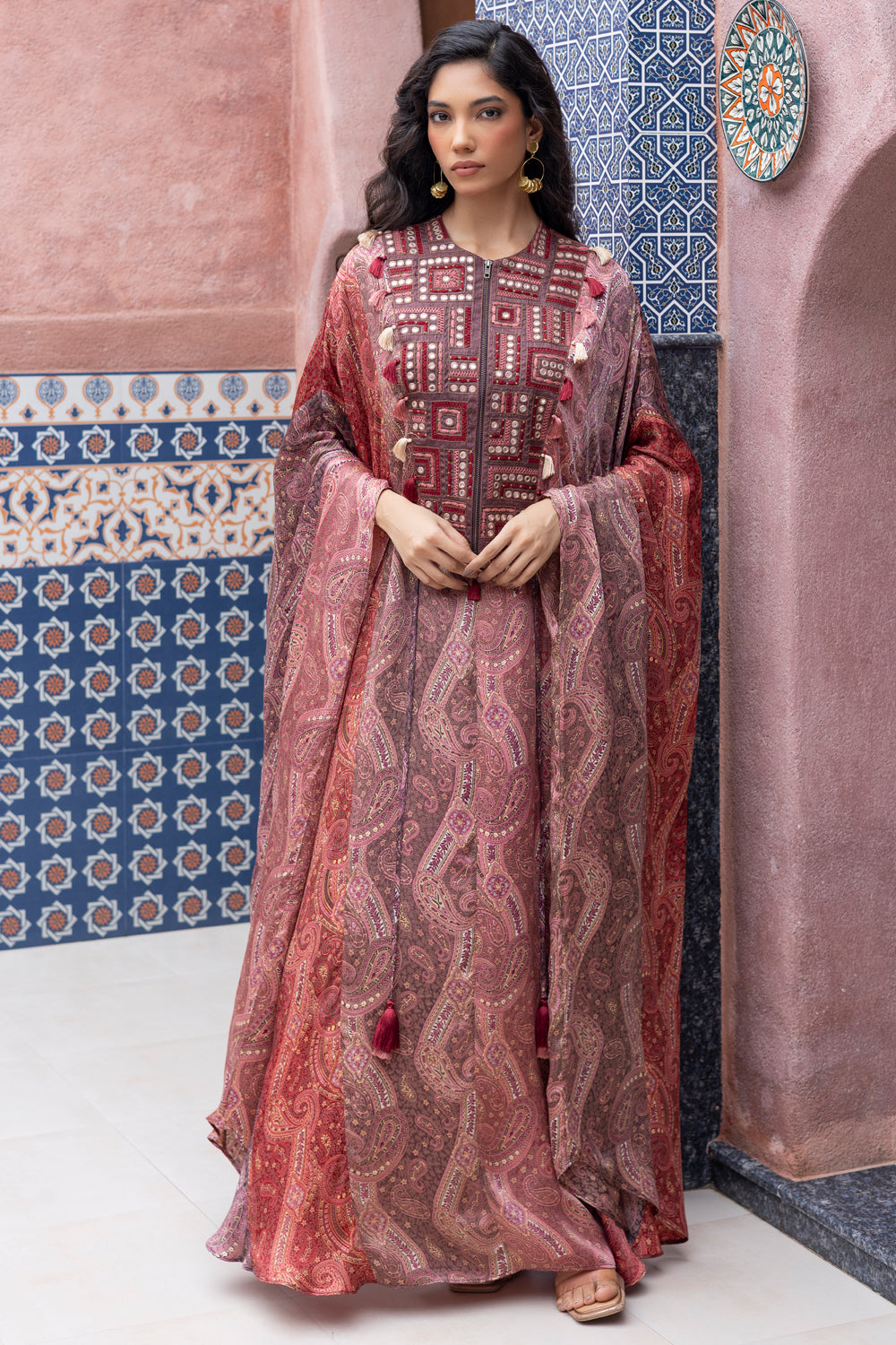 Color-Blocked Paisley Printed Kaftan with Mirror Embroidered Yoke