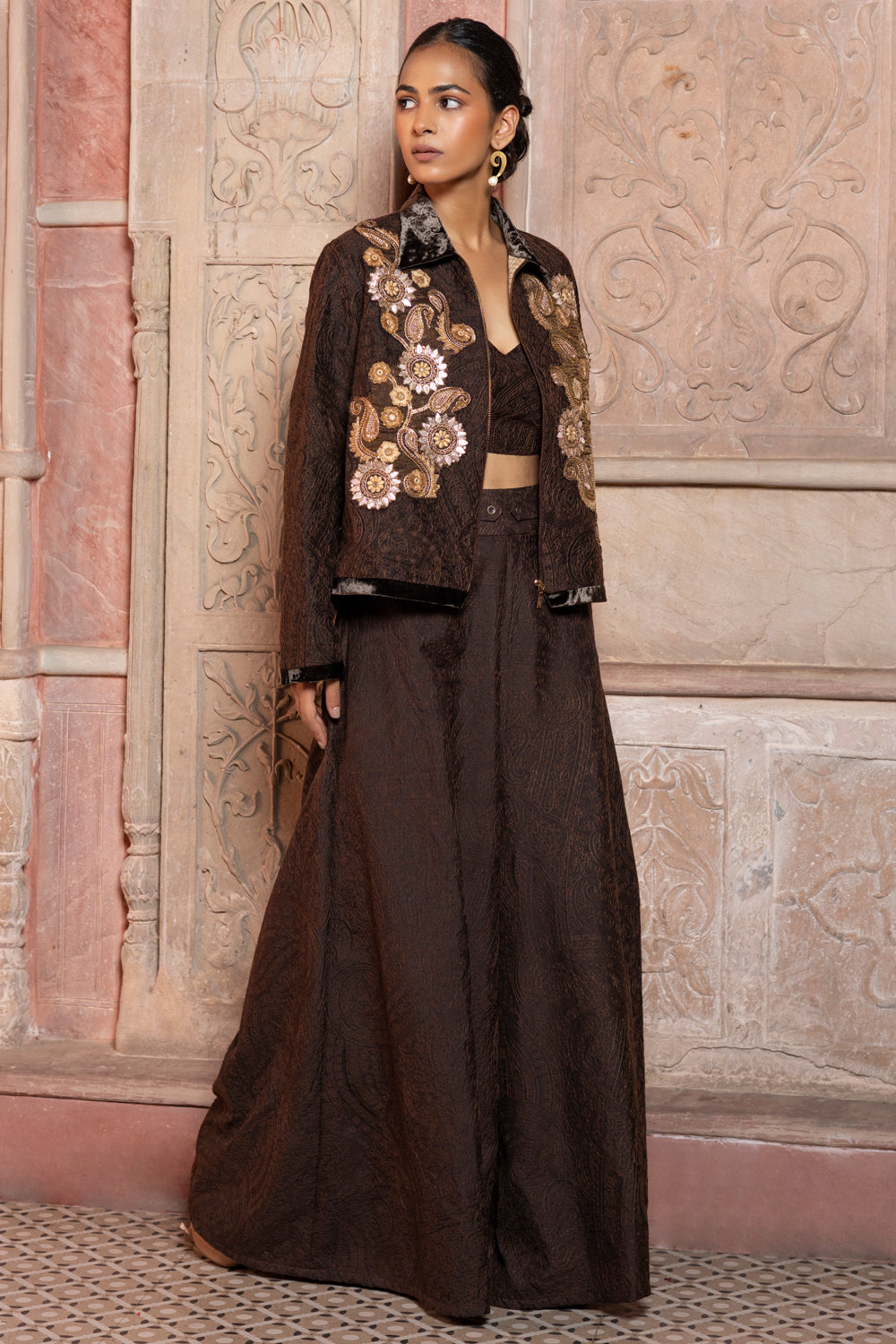 Brown Embroidered Long Jacket Set