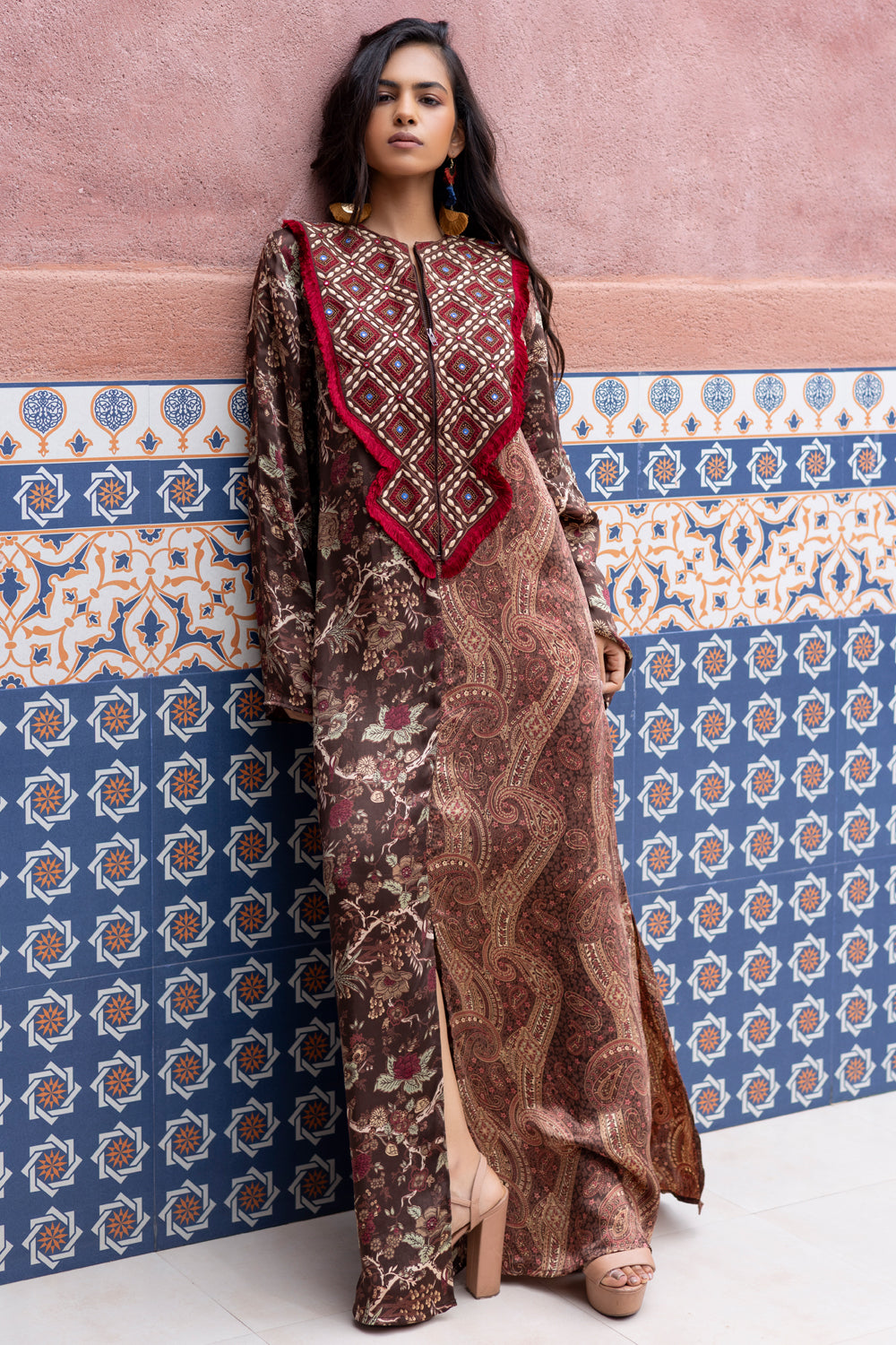 Brown Chintz and Paisley Color-Blocked Kaftan with Embroidered Yoke
