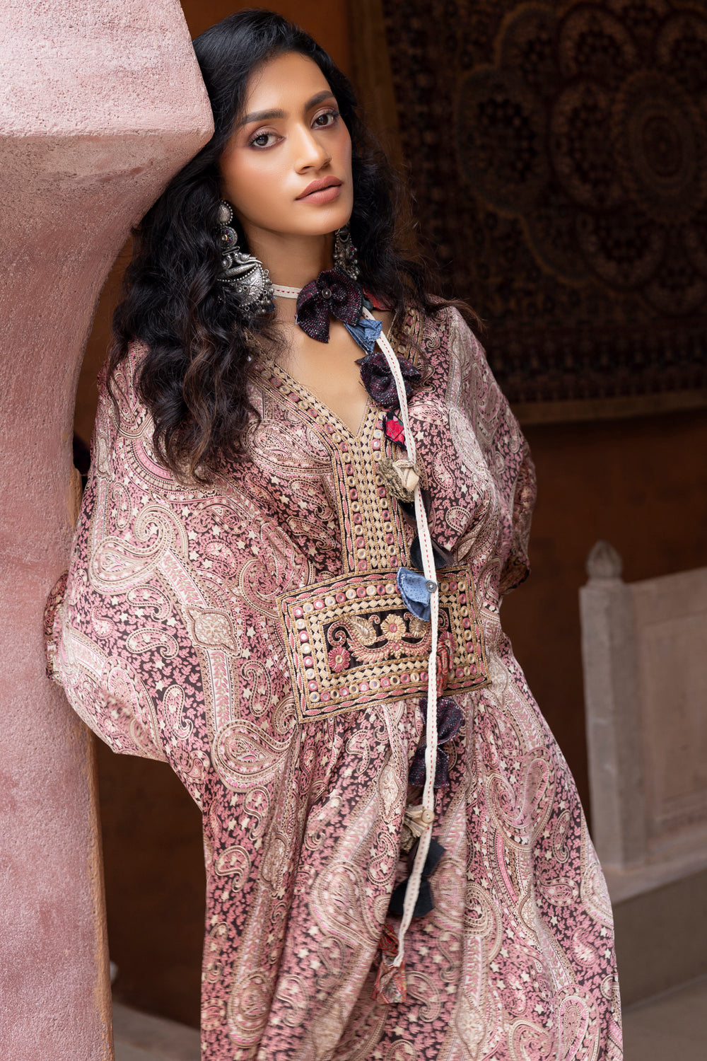 Brown Satin Paisley Printed Kaftan with Embroidery