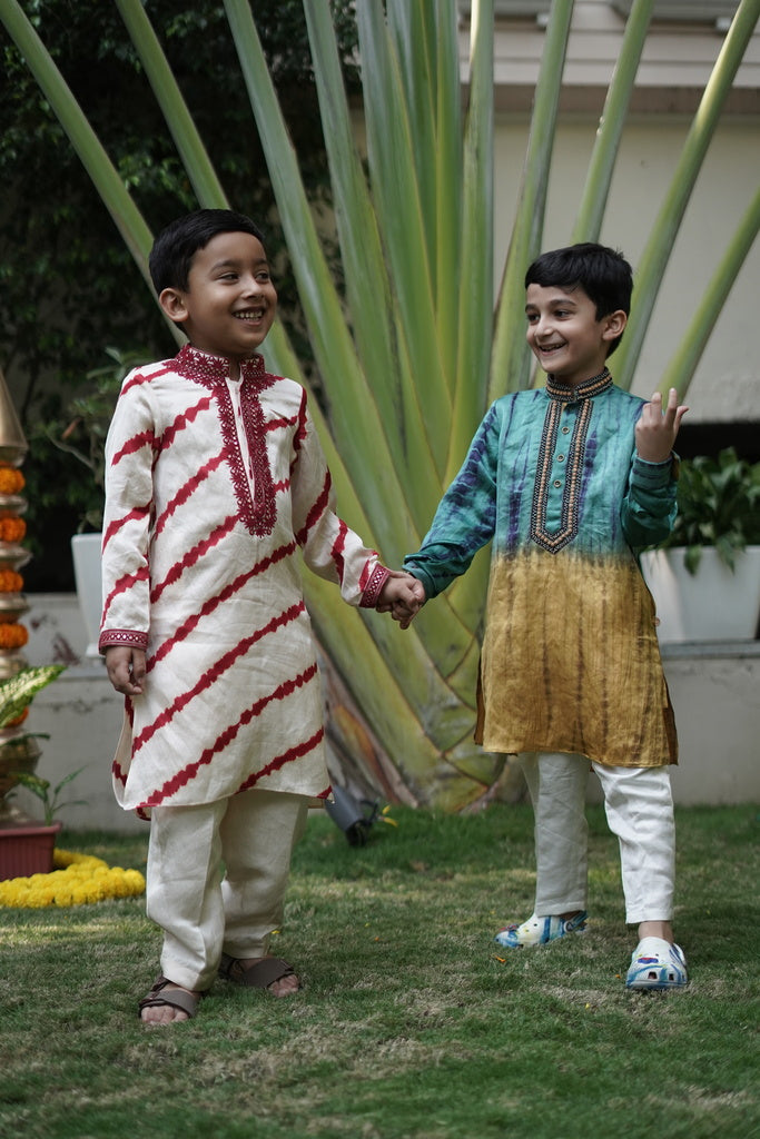 Yellow and blue shibori embroidered kurta with pants