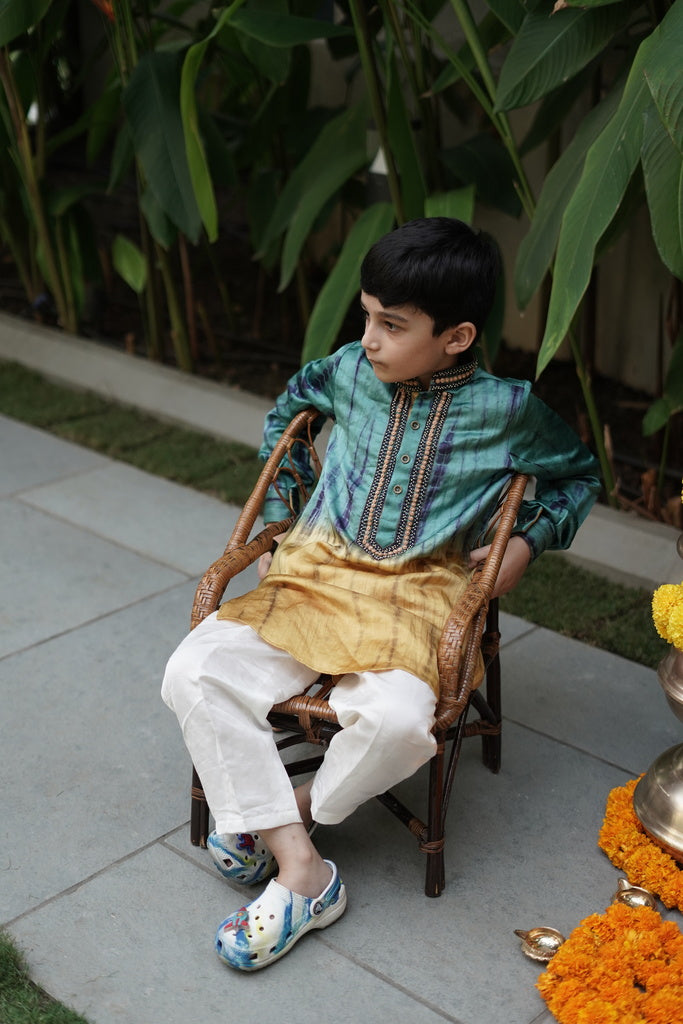 Yellow and blue shibori embroidered kurta with pants