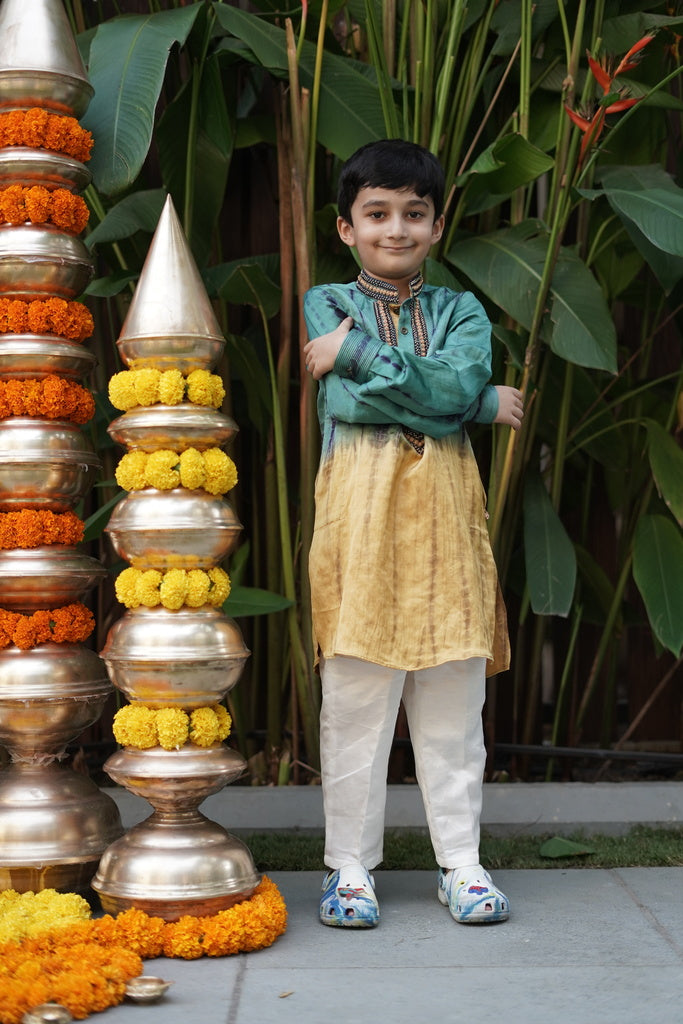 Yellow and blue shibori embroidered kurta with pants