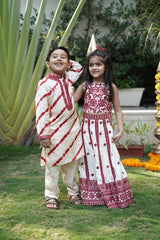White and red leheriya embroidered kurta with pants