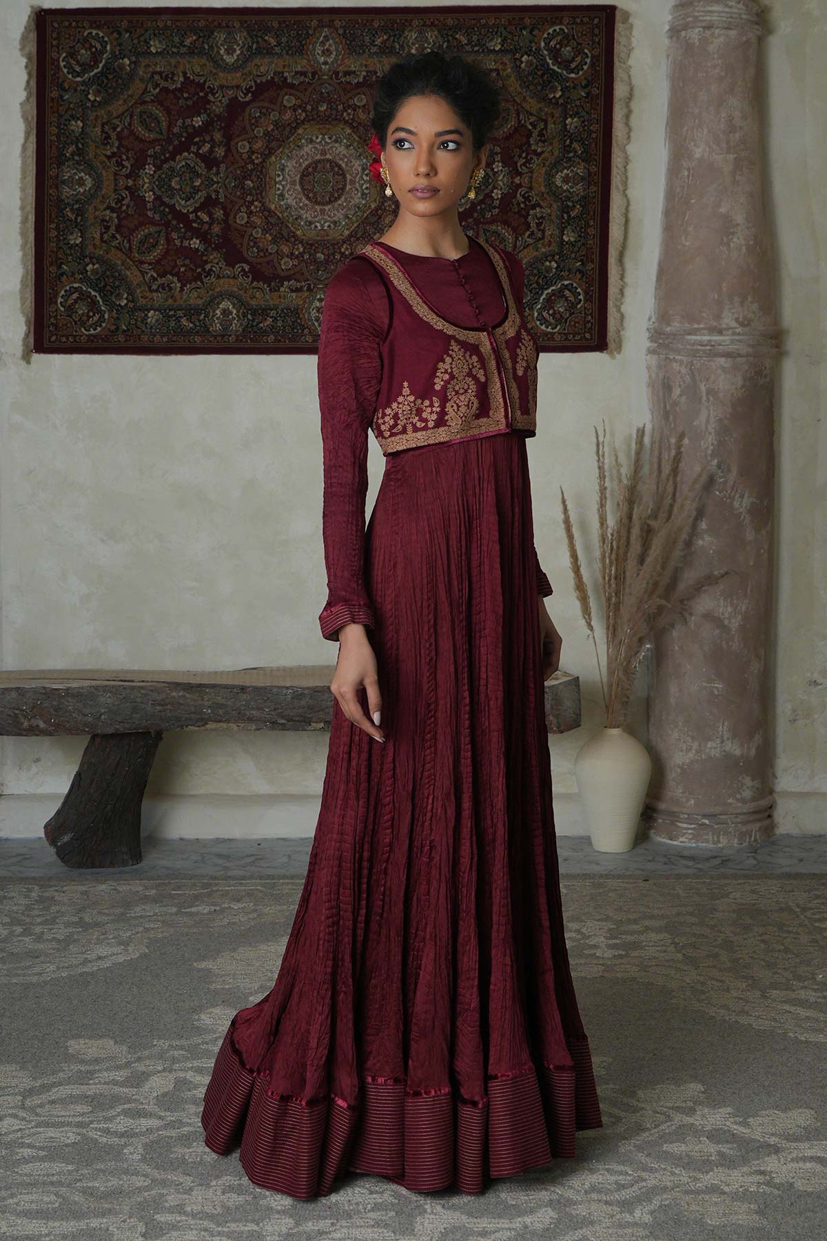 Maroon Satin Crushed Anarkali with Embroidered Matka Silk Jacket